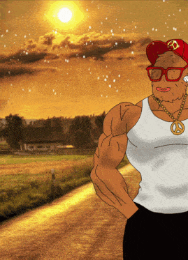 a cartoon of a man wearing sunglasses and a peace sign around his neck