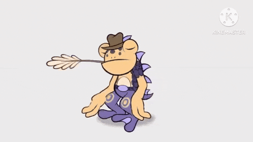 a cartoon frog wearing a cowboy hat and a purple shirt is sitting on the ground .