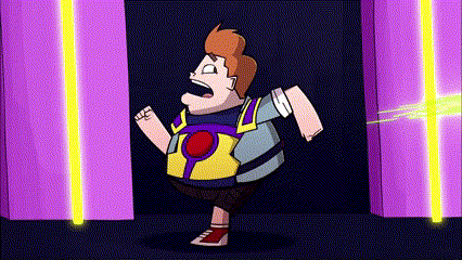 a cartoon character is standing in front of a purple wall with a green light behind him