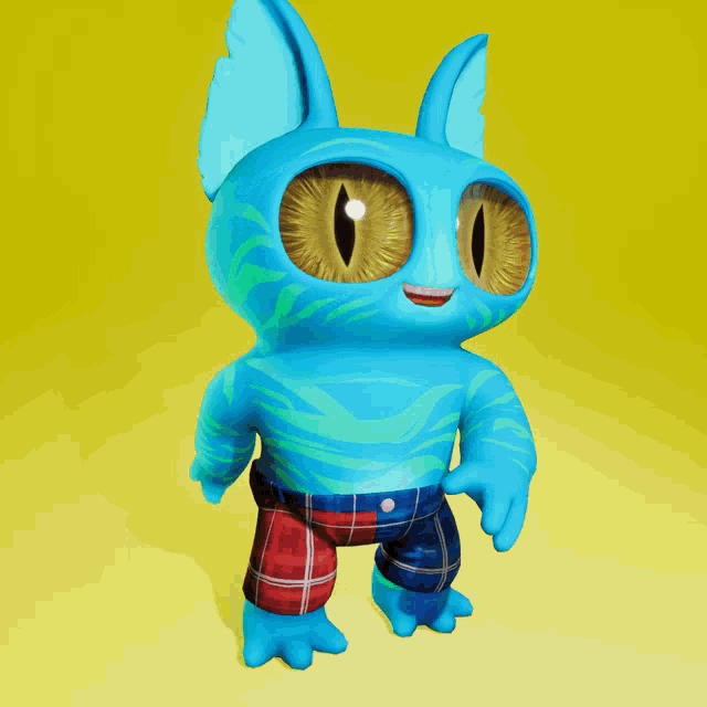 a blue cartoon character with big yellow eyes is wearing plaid pants