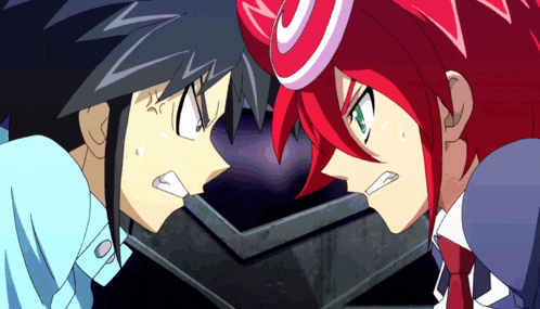 two anime characters are looking at each other and one has a red hat on