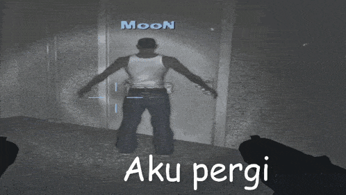 a man in a white tank top stands in front of a wall with the name moon on it