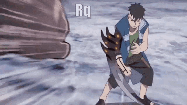 a man in a blue jacket is holding a sword in front of a large rock .