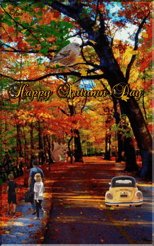 a happy autumn day greeting card with a car in the background