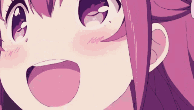 a close up of a pink anime girl 's face with her mouth open and purple eyes .