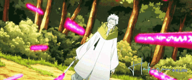a man in a white robe is holding a sword in a cartoon scene