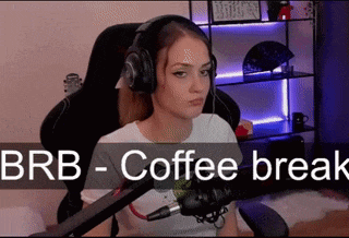 a woman wearing headphones is sitting in front of a microphone with the words brb - coffee break above her