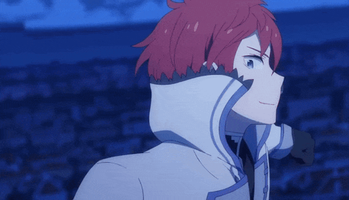 a cartoon character with red hair and blue eyes is standing in front of a blue background