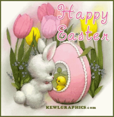 a happy easter greeting card with a bunny and eggs