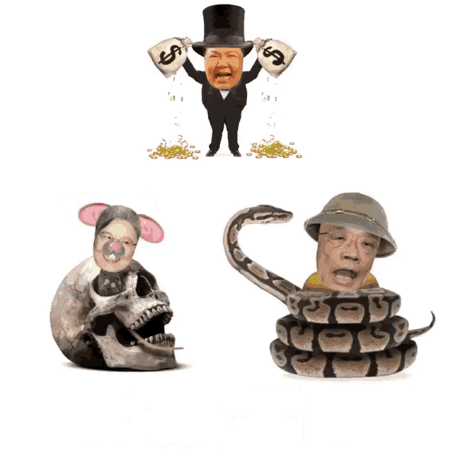 a man in a top hat is holding a bag of money above a snake and a skull