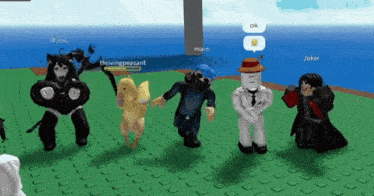 a group of roblox characters including joker and the wingpeasant are dancing together