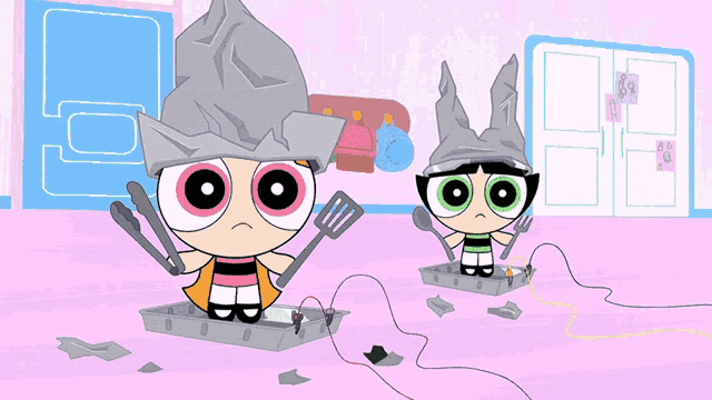 a cartoon drawing of a girl with green eyes holding a spatula