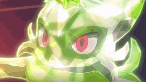a green cartoon character with red eyes and a crown on its head