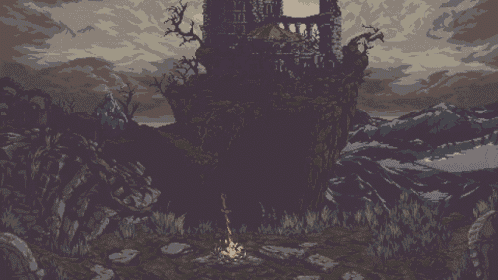 a pixel art drawing of a castle with a fire in front of it