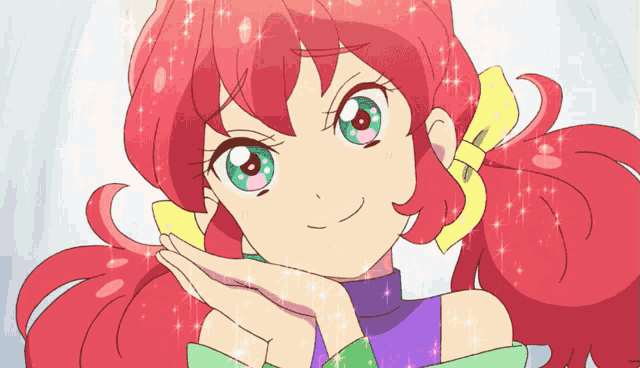 a girl with red hair has a yellow bow on her head