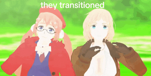 a couple of anime characters standing next to each other with the words they transitioned above them