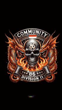 a skull with two dragons and the words community 86 division 11 on it
