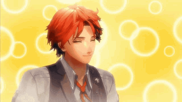 a man with red hair is smiling with a yellow background