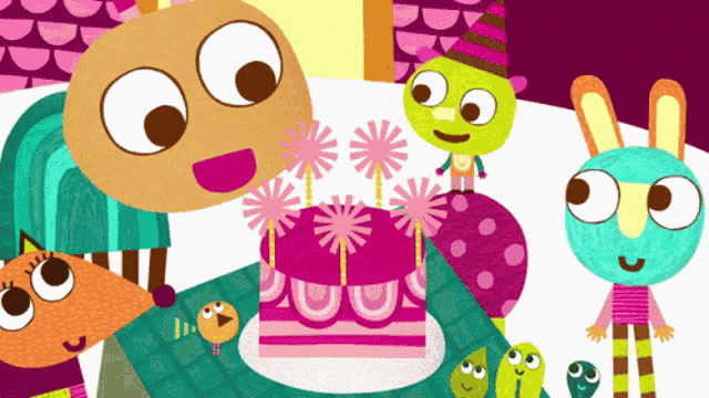 a group of cartoon characters are celebrating a birthday with a pink cake