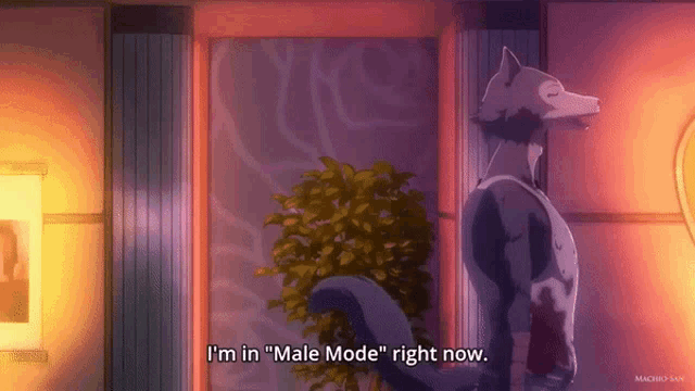 a wolf says i 'm in " male mode " right now in an anime scene
