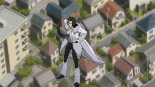 a man in a white coat is flying over a residential area