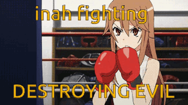 a picture of a girl wearing boxing gloves with the words inah fighting destroying evil below her