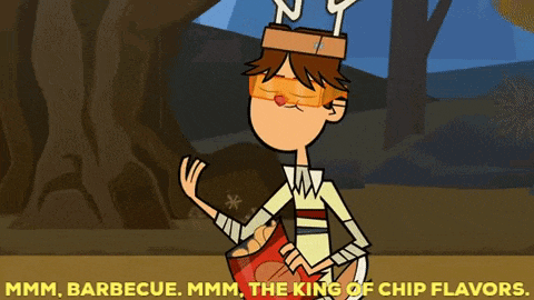 a cartoon character is holding a bag of chips and saying ' mmmm barbecue '