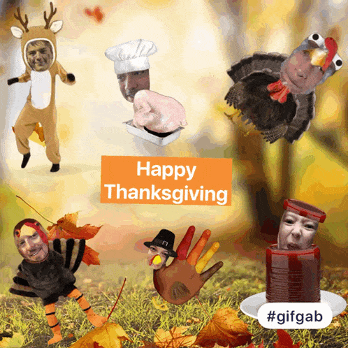 a happy thanksgiving greeting with a turkey and a pilgrim