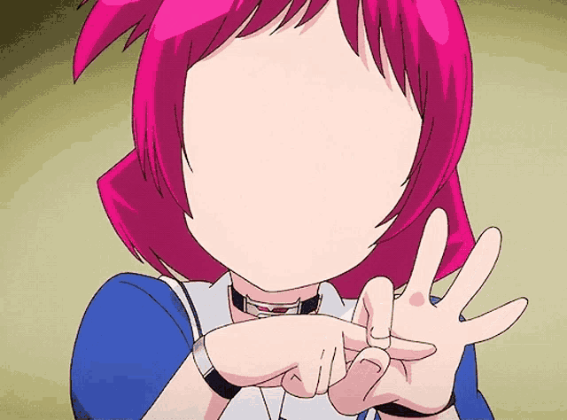 a girl with pink hair making a stop sign with her hand