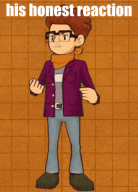a cartoon character with glasses and a scarf has the words his honest reaction written on the bottom