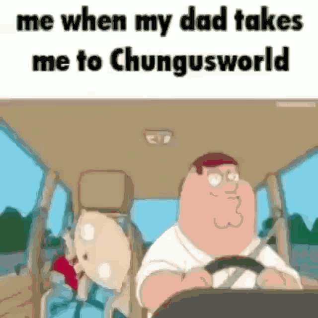 a cartoon of peter griffin driving a car with two other people in the back .