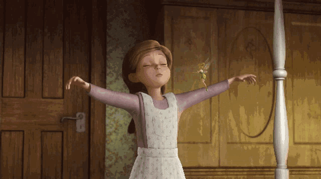 a girl with her eyes closed is holding a tinkerbell toy