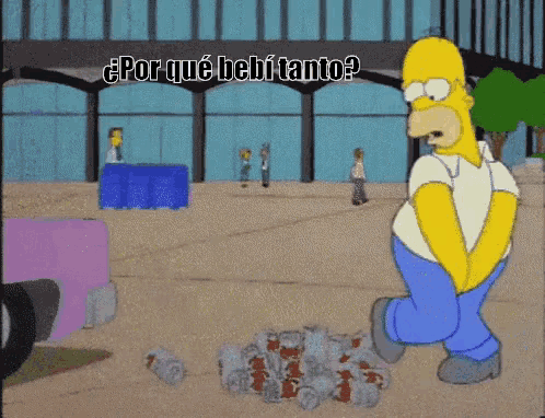a cartoon of homer simpson standing next to a pile of cans with the words por que bebi tanto