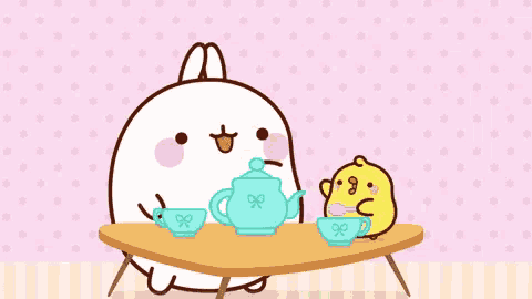 a cartoon of a rabbit and a chicken sitting at a table with a tea set