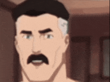 a man with a mustache and gray hair is making a funny face .