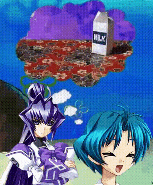 two anime girls are standing next to each other with a carton of milk floating above them