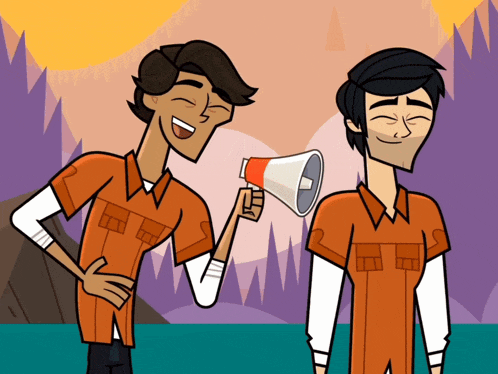 a cartoon of two men one holding a megaphone and the other laughing