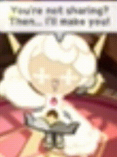 a blurry picture of a cartoon character with a speech bubble above it