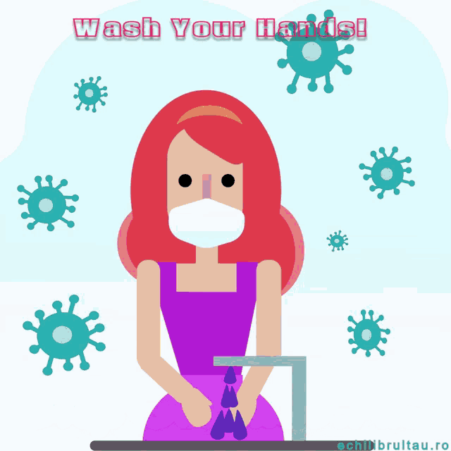a woman wearing a mask is washing her hands with the words " wash your hands " behind her