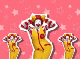 a mcdonald 's clown is dancing in front of a pink background with stars