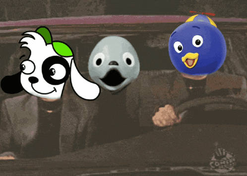 a man driving a car with three cartoon characters on the back window