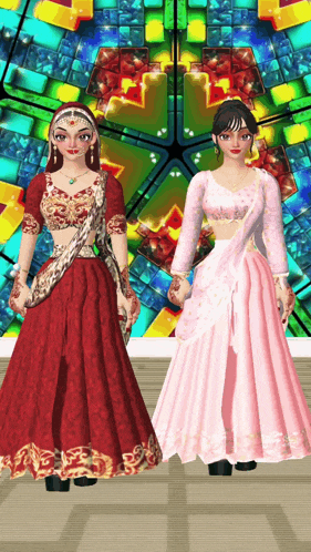 a woman in a red dress is standing next to another woman in a pink dress
