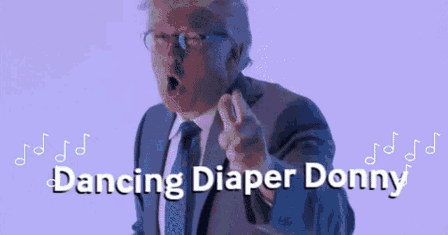 a man in a suit and tie is pointing at the camera with the words dancing diaper donny above him