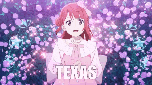 a girl in a pink dress is standing in front of a purple background and the word texas is written on it .