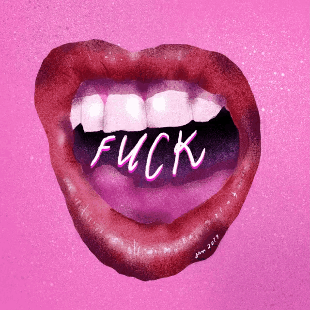 a drawing of a woman 's mouth with the word fuck written inside of it