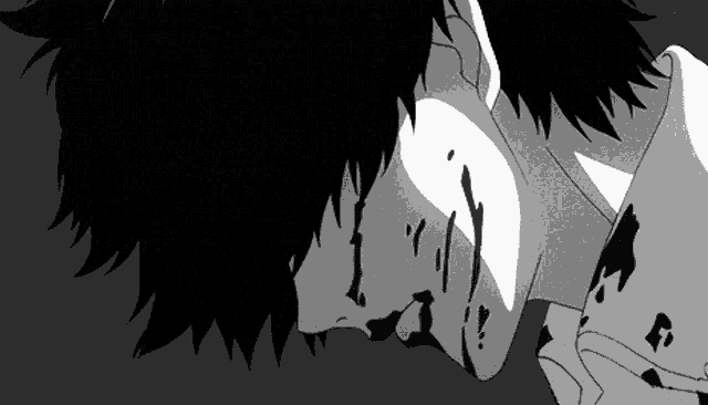 a black and white drawing of a person with blood coming out of their eyes .