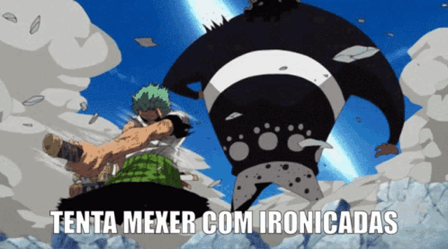 a cartoon of a man and a bear with the words tenta mexer com ironicadas