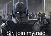 a star wars clone trooper says `` sir , join my raid '' while standing in front of a crowd of clones .