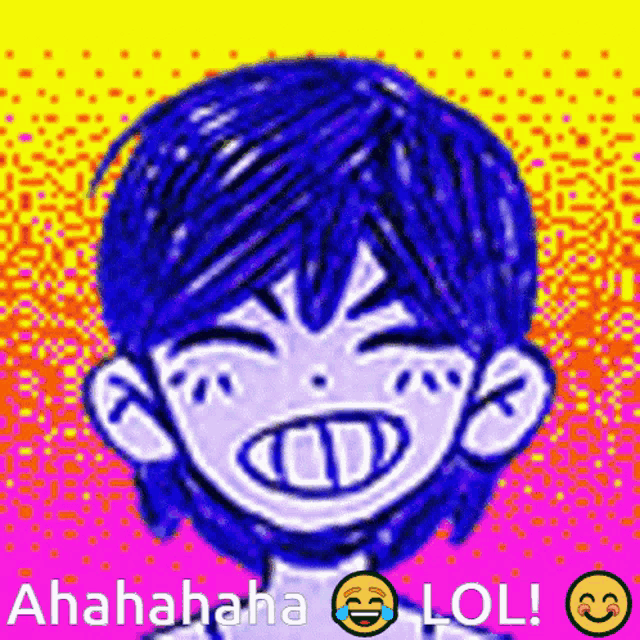a cartoon of a boy with blue hair is laughing and crying with the words ahahaha lol .