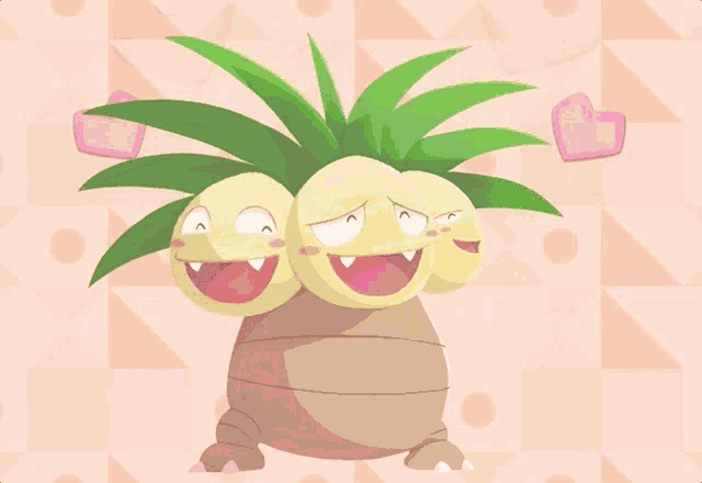 a cartoon drawing of a plant with three faces and hearts above it